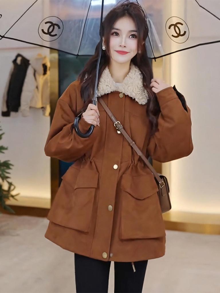 2024 Petite Women's Korean Style Patchwork Lambswool Cotton Parka - Casual, Versatile, and Thickened for Autumn/Winter