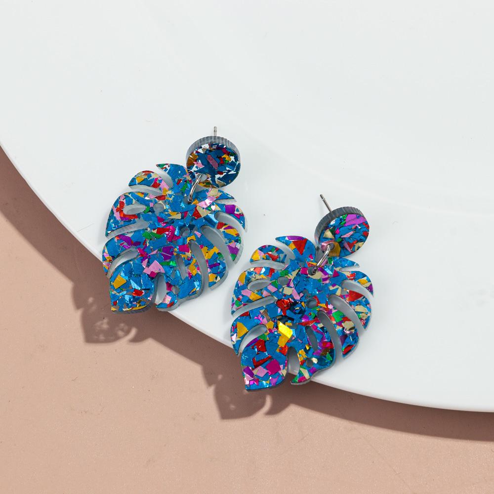 Sequins Acrylic Colorful Monstera Leaf Drop Earrings for Women Exaggerated Tropical Leaves Plant Earrings Fashion Jewelry Gifts