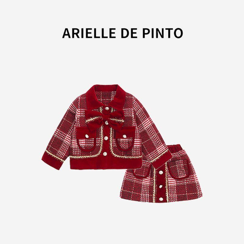 French Arielle De Pinto Girls Winter Outfit, Thickened and Warm, Small Fragrant Style, Large Plaid Clothing Red 140cm