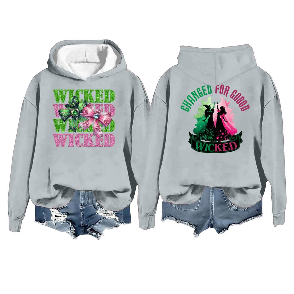 Women's Casual Long Sleeve Pullover Witch Print Hooded Sweatshirt