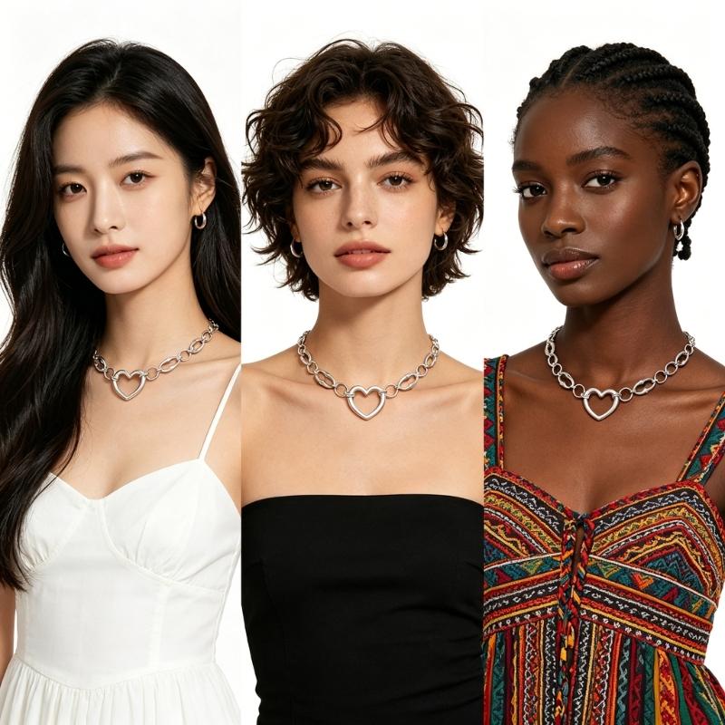 Open Heart Pendant Necklace for Women, Silver Tone Link Chain Jewelry with Adjustable 31-40 Cm Length for Daily Outfits and Gift Use