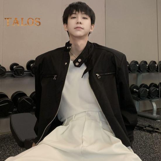 Men Jacket Coat Full Zipper Closure Solid Color Two Side Pockets Short Jacket Stand Collar Long Sleeve Jacket Streetwear