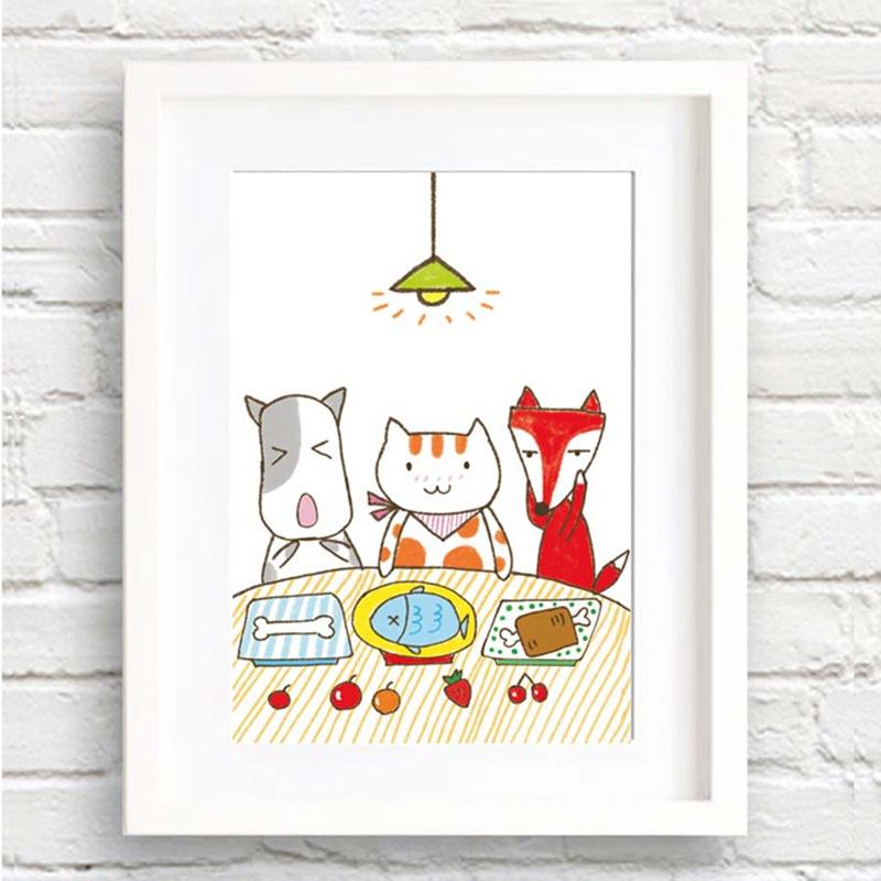 

Милый мультяшный котенок, собака, лиса, ужинающие вместе, обеденные столы, детская комната, современная кухня, декоративная картина на холсте 21*30cm