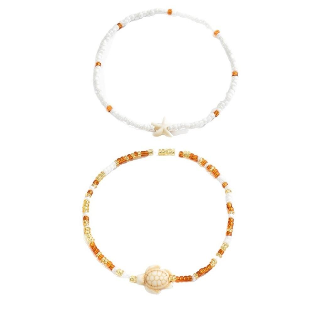 2Pcs Starfish Beaded Beaded Anklets Chain Set Elastic Foot Bracelets  Jewelry Accessories