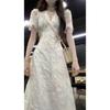 French Sweet Spice Girl Dress Women's Summer V-Neck High Sense Gentle Princess Dress Tall Man Coffee Break Waist Long Dress
