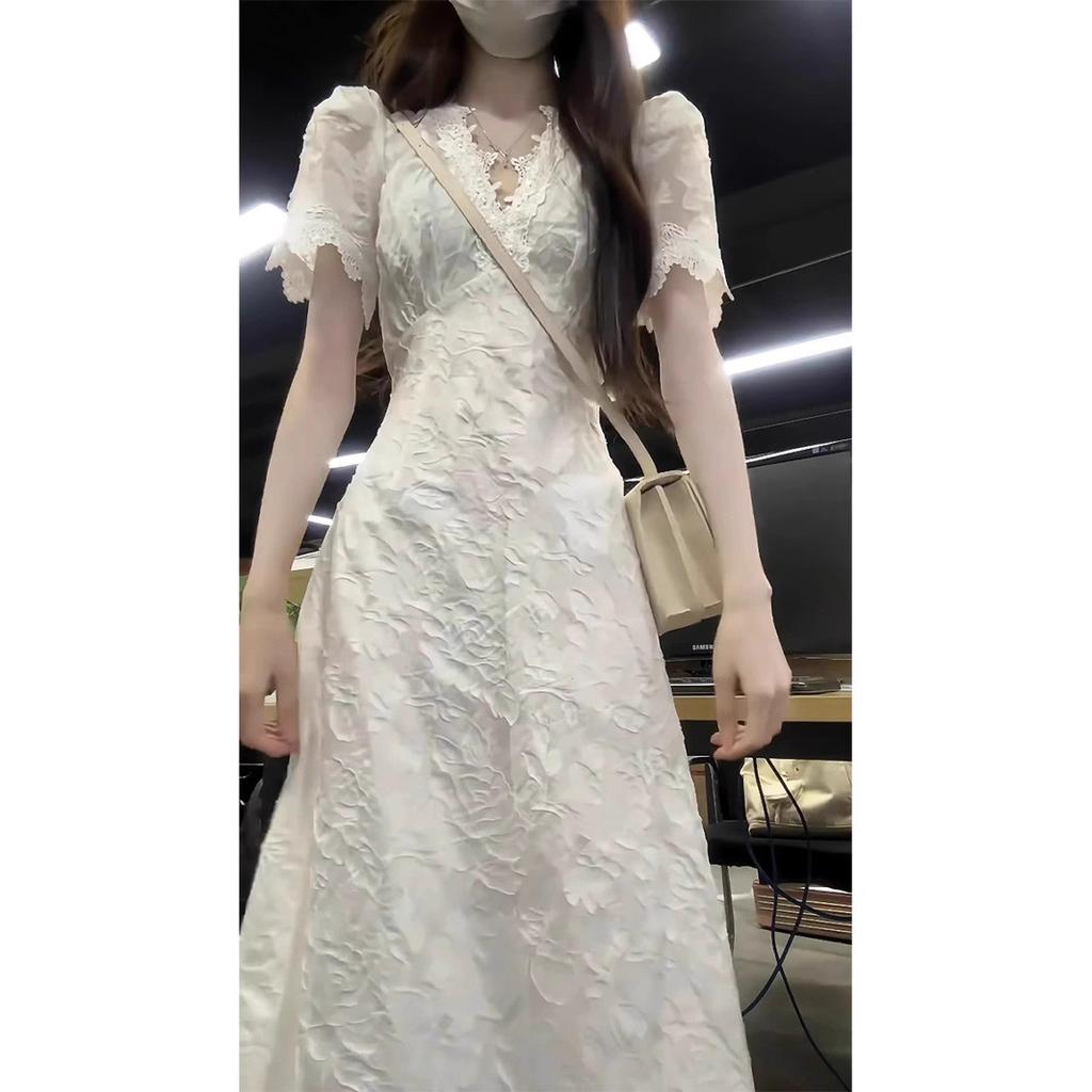 French Sweet Spice Girl Dress Women's Summer V-Neck High Sense Gentle Princess Dress Tall Man Coffee Break Waist Long Dress