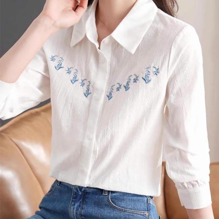 Latest Embroidered Pure Cotton Blouse Womens Long Sleeved Spring Top Leisure White Blouse M белый