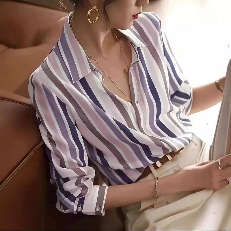 Spring New Women s Niche Retro Lapel Long-sleeved Contrasting Color Temperament Striped Shirt S фиолетовый