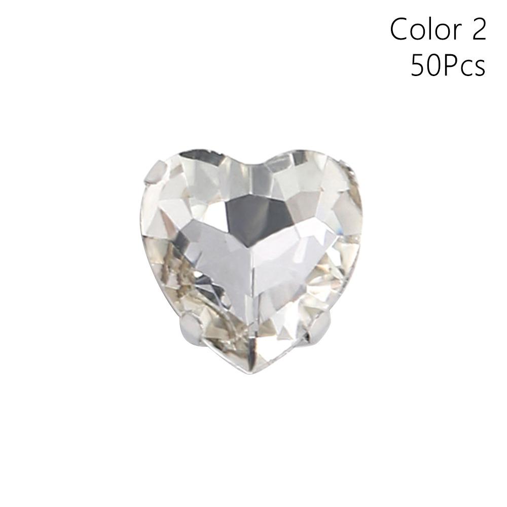 50Pcs/Pack Heart Shape Glitter Sewing Rhinestones Sew On With Silver Claw Glass Crystal Stones 8mm Diamond Beads Ornament
