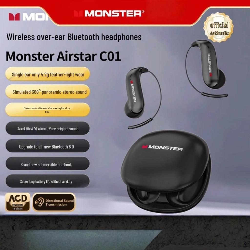 Monster C01 Bluetooth Open-Ear Bone Conduction Wireless Headphones, Ultralight and No-Feel Over-Ear Design