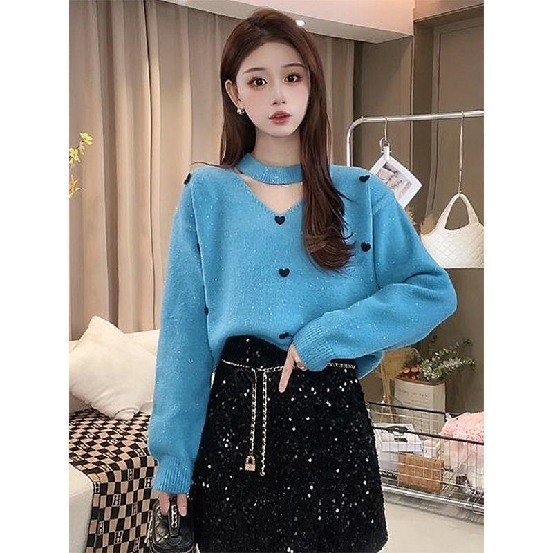 V-neck Hanging Neck Loose Sweater Women's Autumn and Winter Knitted Sweater Top