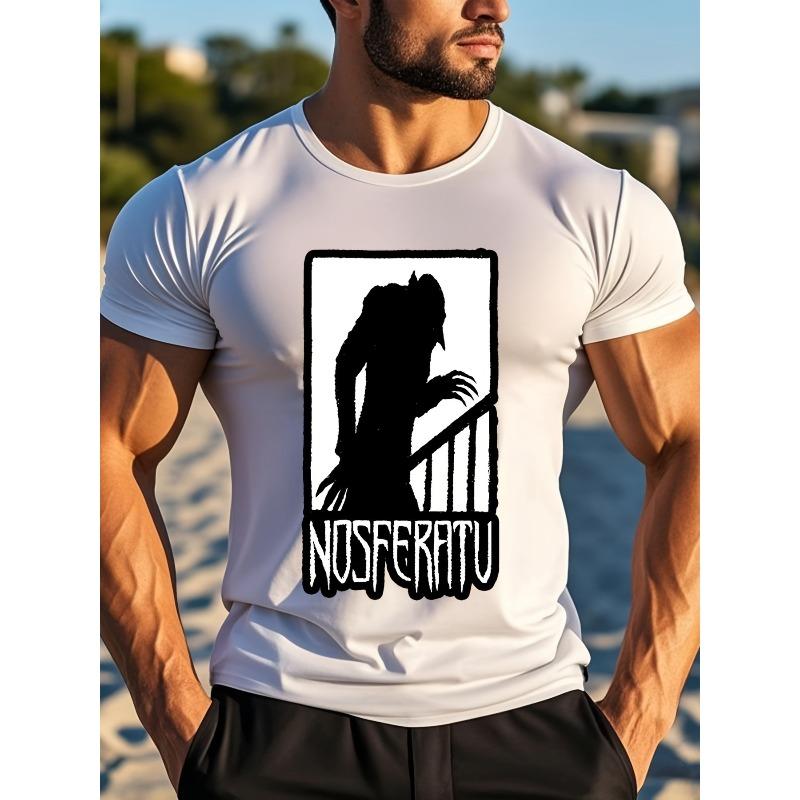 Men's Nosferatu Monster Graphic Print T-Shirt - Casual Short Sleeve Round Neck Tee, Machine Washable Summer Top for Casual Attire, Black & White