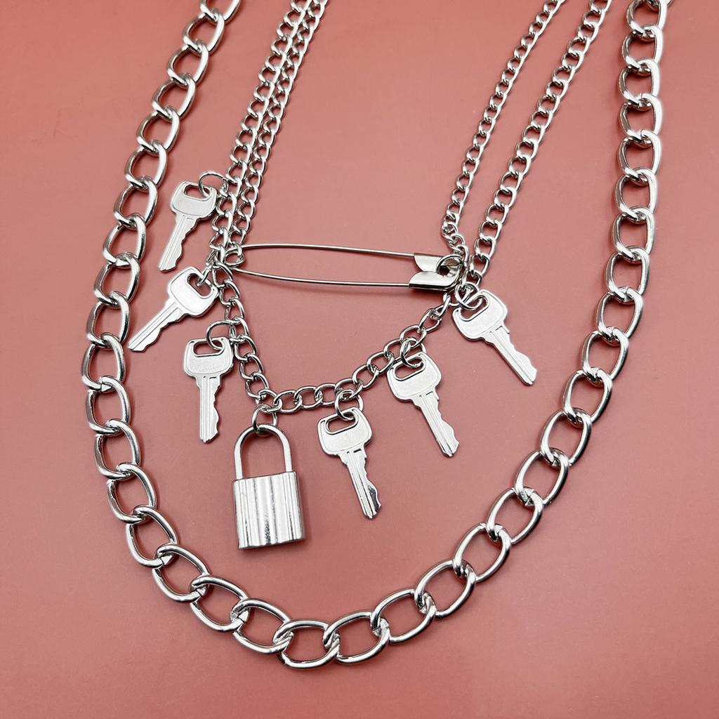 Retro metal key pendant, multi-layer waist chain, female punk trend lock-shaped trouser chain decoration