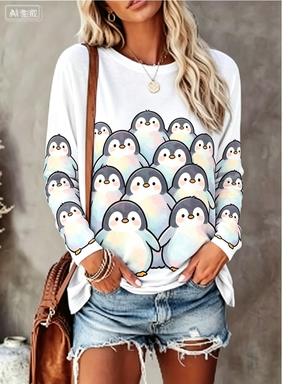 Women Long Sleeve T‑Shirt Cute Stacked Pink Pig Watercolor Graphic Print Crew Neck Loose Casual Daily Tops