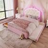 Cama Estofada, 140 x 200 cm, com Estrado de Ripas (sem Colchão), Iluminação Ambiente, Controle Remoto, Princesa Coroa, Extensível, 2 Gavetas, PU, Rosa