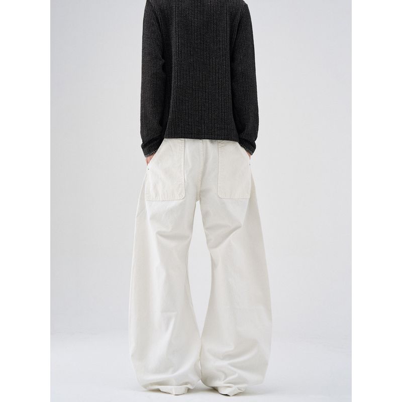 Kisko American Retro Cut Deconstructed White Scimitar Jeans Unisex Trendy Loose Straight Casual Pants