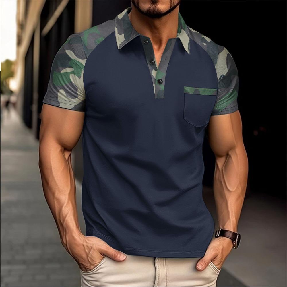 

New Hot Selling Summer Outdoor Camouflage Color Blocked Men s Lapel Pocket Button Polo Shirt Short Sleeved Shirt S темно-синий