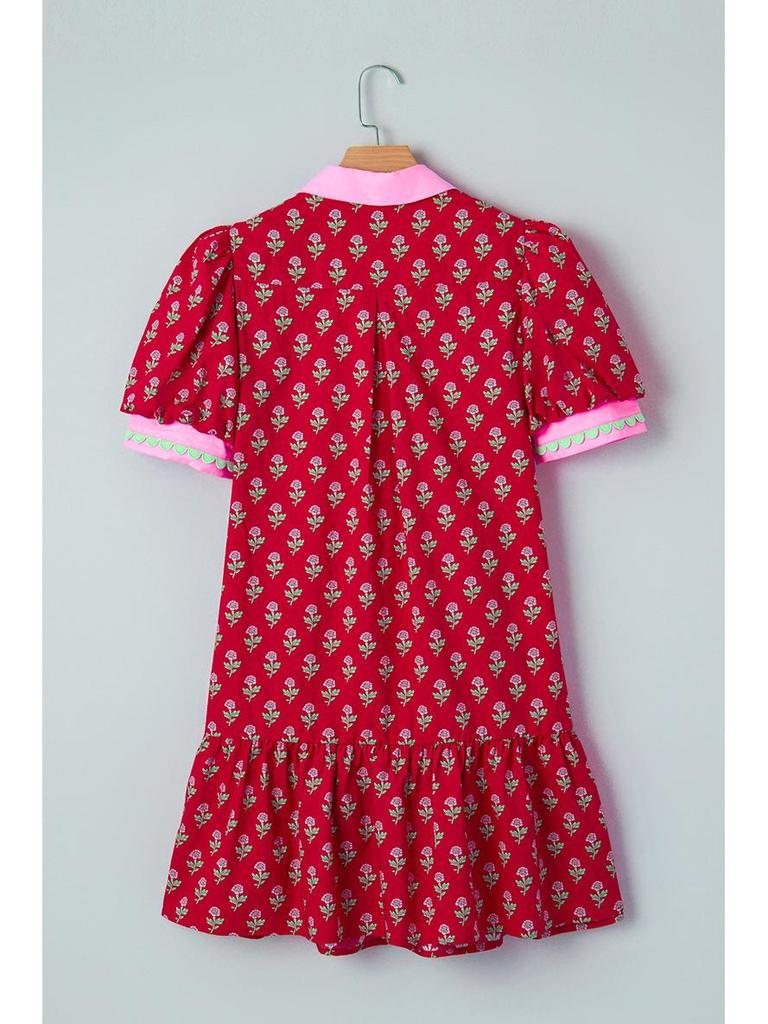 2026 Floral Print Lapel Pullover & Short Skirt - Women's Sweet European American Style, High Waist Summer Dress