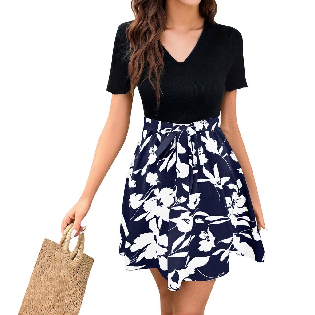 Women's Summer Casual V-neck Dress, Bohemian Floral A-line Dress