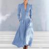 Elegant V-Neck Puff Sleeve Long Formal Dress Women Solid Color Satin Party Gown