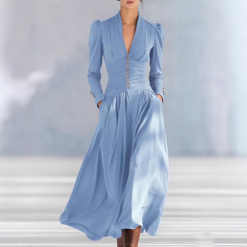 Elegant V-Neck Puff Sleeve Long Formal Dress Women Solid Color Satin Party Gown