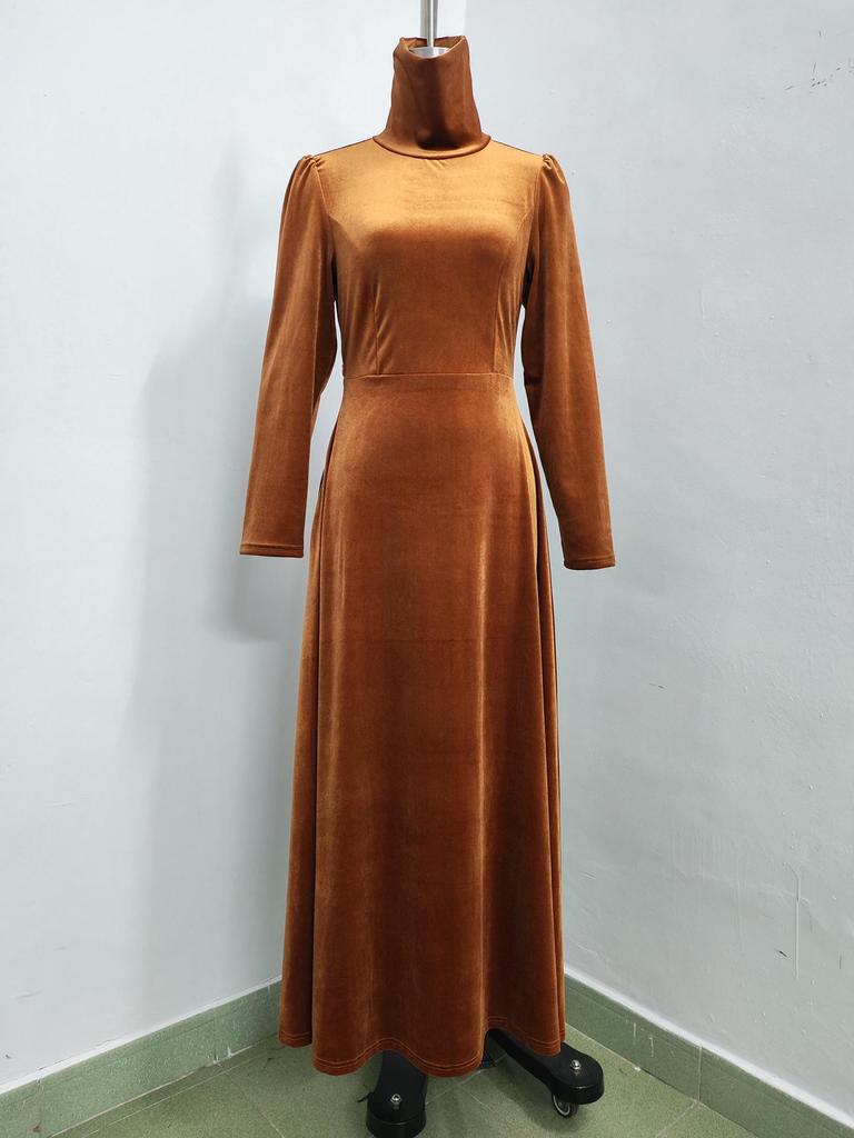 Elegantes Herbst/Winter Damen Gold Samt Hoher Kragen Ballonärmel Taillenbetonendes Langes Kleid