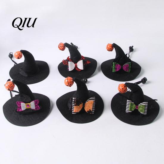 Small Dog Costume Hat Halloween Cat Wizard Hat, Bent Pointed with Pumpkin Bell, Accessory Sequined Bow Festive Pet for Cats Dogs