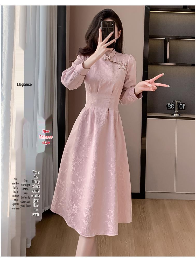 Pink Cheongsam Long Sleeve Bridesmaid Dress - Spring Engagement and Homecoming Style