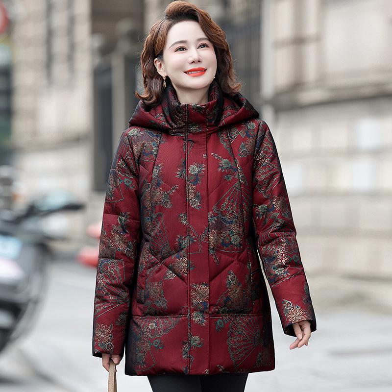 2026 Women's Winter Hooded Down Jacket: Warm, Windproof, Versatile Print for Mid-to-Older Age Moms