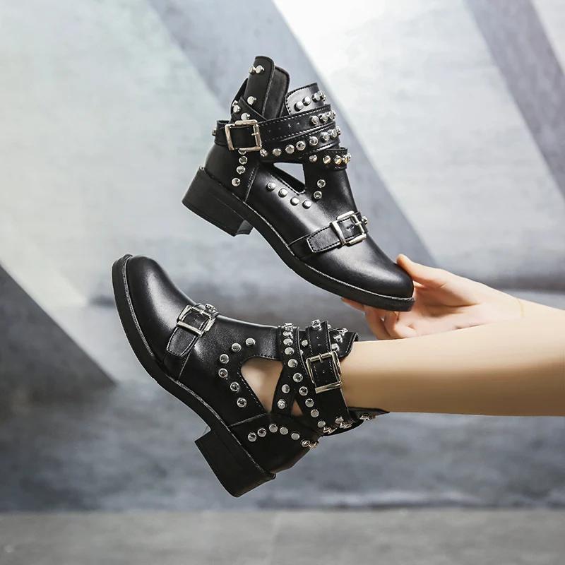 Fashion Fashion Rivets Black Ankle Women Boots Faux Leather Booties Metal Buckle Straps Square Heel Studded Woman Boots Motorcycle Shoes
