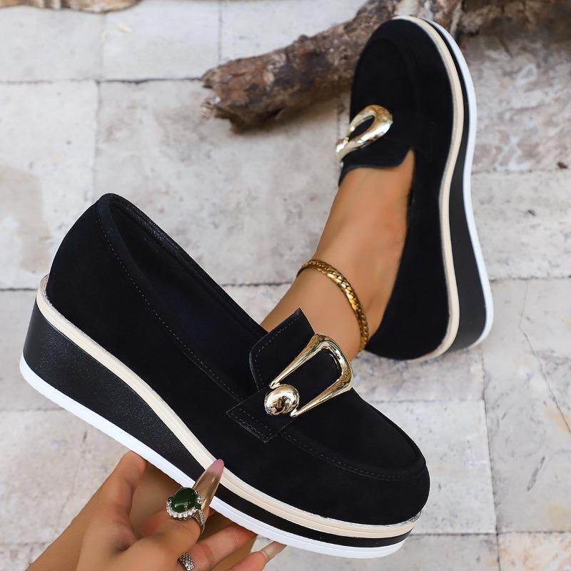 Women's Wedge High-Heeled Slip-On Loafers, Black Comfort Work Shoes With Chain Detail.