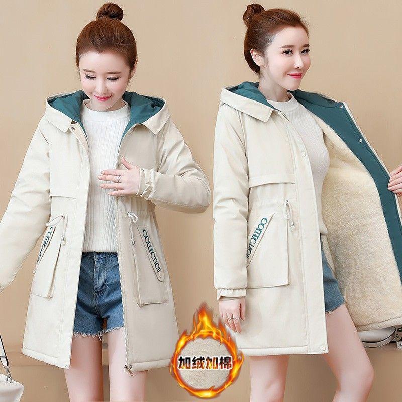 Hooded trench coat medium and long spring and autumn new winter velvet thickened cotton-padded coat cotton-padded jacket women's fashion trend