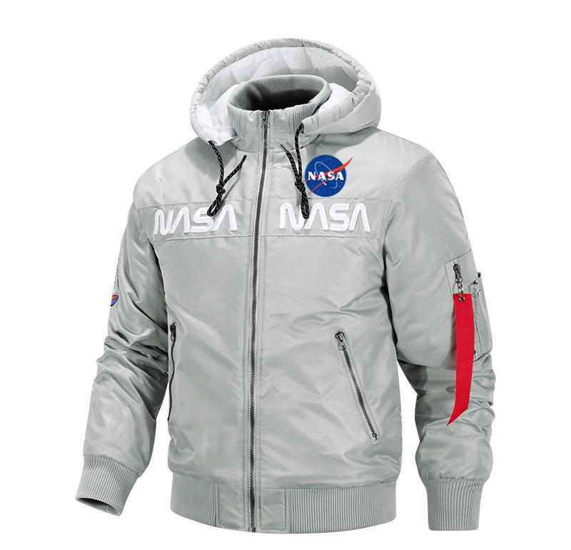 Men's Winter Hooded Padded Bomber Jacket Embroidered Quilted Flight Coat Loose Fit Casual Streetwear