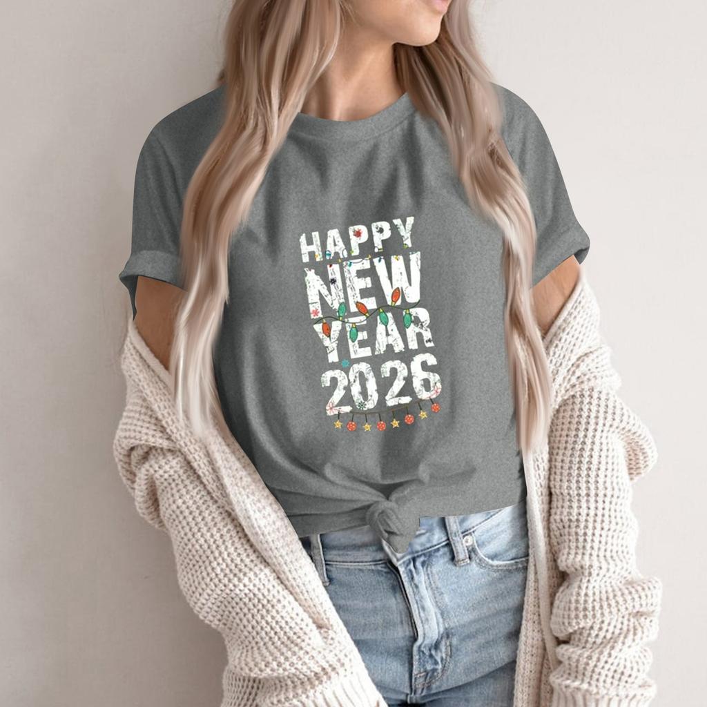 Women's Fashion 2026 New Year Printed Round Neck Short Sleeve Top