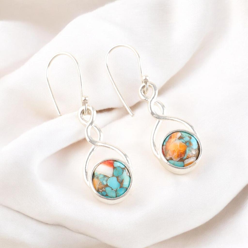 Natural Spiny Oyster Gemstone 925 Sterling Silver Handmade Dangle Earrings 1.68" CE-15-44