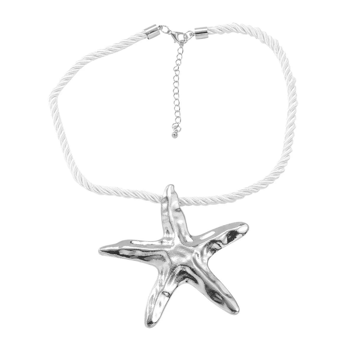 

Personality Exaggeration Big Starfish Pendant Necklace for Women Charm Woven Rope Choker Summer Beach Party Zircon Accessory медный