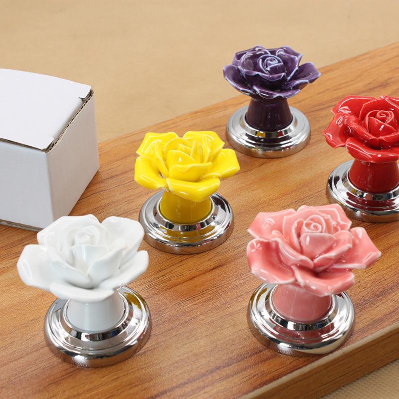 Rose Ceramic Cabinet Handle - Modern Pastoral Style, Single Hole Design for Drawer, Wardrobe, or Door