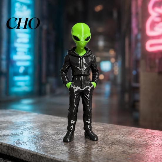 Statua di Figura Alieno con Cappuccio che Indossa Felpa con Cappuccio, Statuetta Verde Stampata in 3D, Scultura da Collezione, Decorazione Desktop Sci-Fi Regalo per Appassionati E-sport