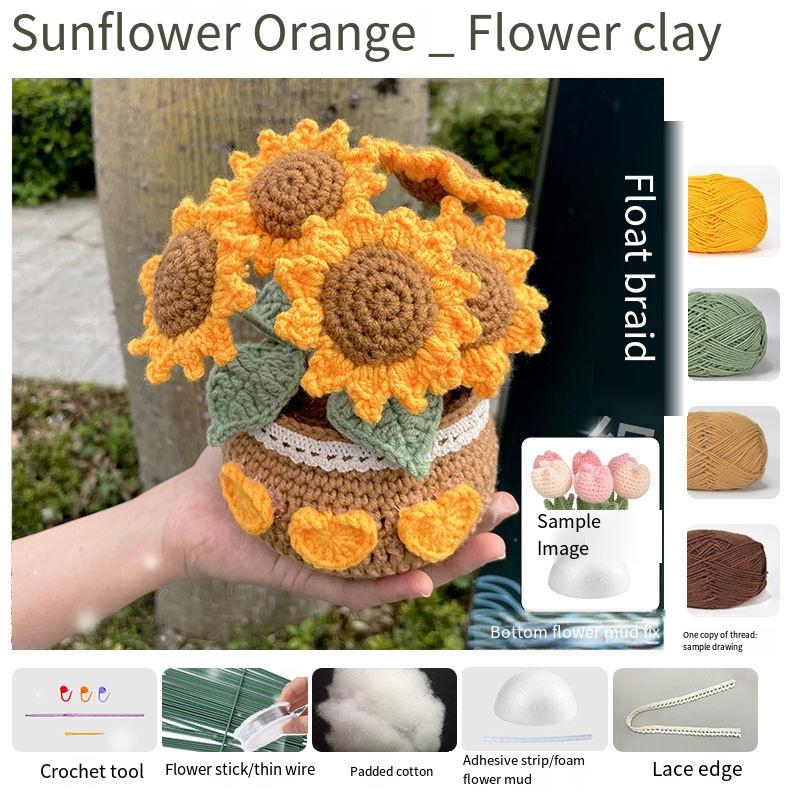 Fleur crochetée Produit fini Tissé Tulipe Marguerite Bouquet de fleurs en pot Fil Crochet Matériau Sac Décoration Fleur