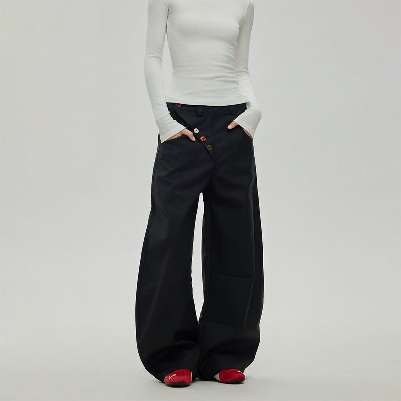 

Black of Exit Autumn and Winter New Style Casual Trousers with Colorful Button Decoration, Design Sense, Solid Color Scimitar Pants for Men Black X L