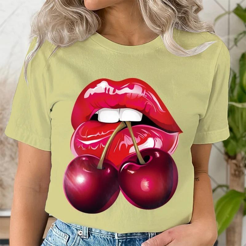 Summer Fashion Women's T-Shirt Lips Cherry 3D Printed Short Sleeve Tops Girl Loose Casual Loose Oversize Outdoor Clothing