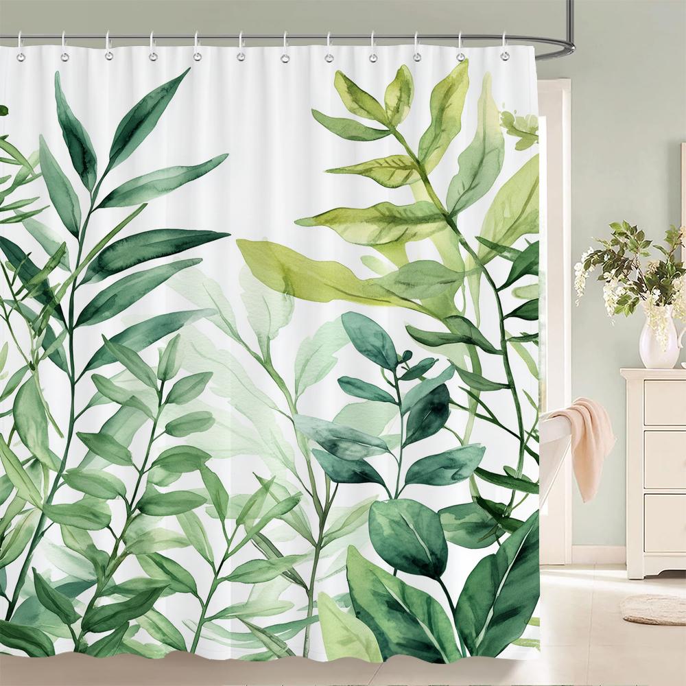 Fresh Green Leaves and Plants Pattern Shower Curtain Printed Leaves Bathroom Bath Curtain Home Decoration Curtain With Hooks