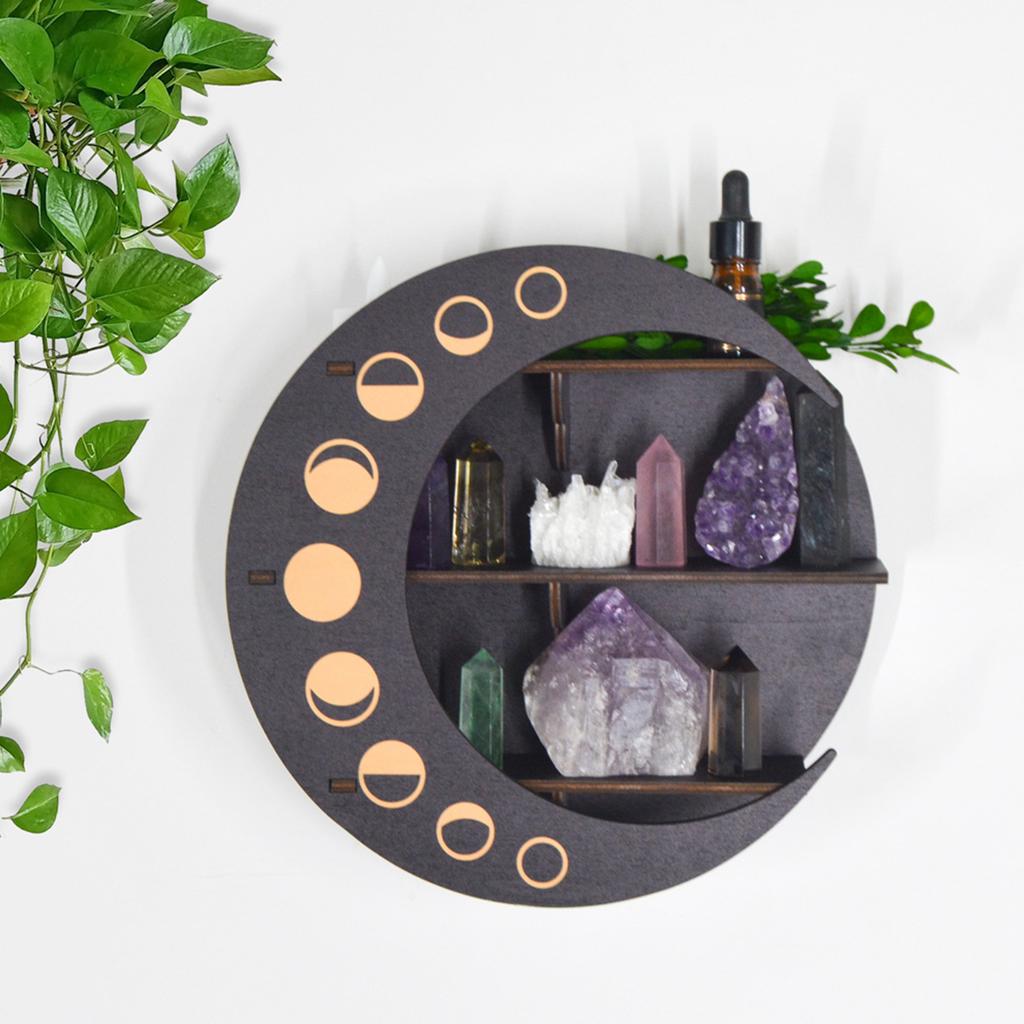 Moon Shelf for Stone and Crystal Essential Oil Display Wood Accent Shelf Storage Rack Organizer Bohemian Wall Decoration