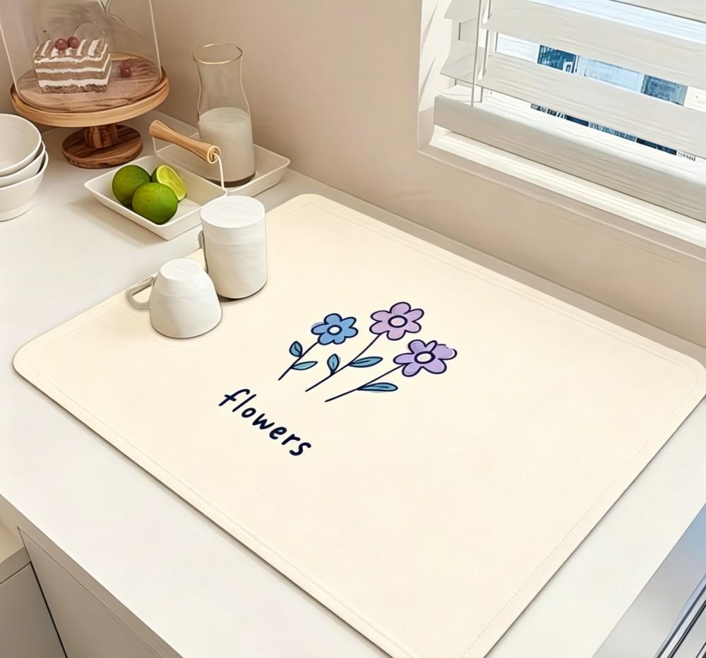 Cream Style Flower Dish Drying Mat Super Absorbent Kitchen Draining Mat Non Slip Coffee Bar Drain Pad Tableware Decor Rug