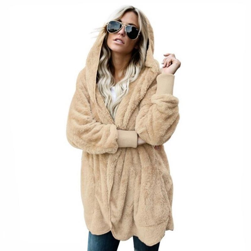 Autumn Winter Double Fleece Cardigan Jacket Women Solid Color Long Sleeve Plush Warm Hooded Lady Jacket Oversized Outerwear