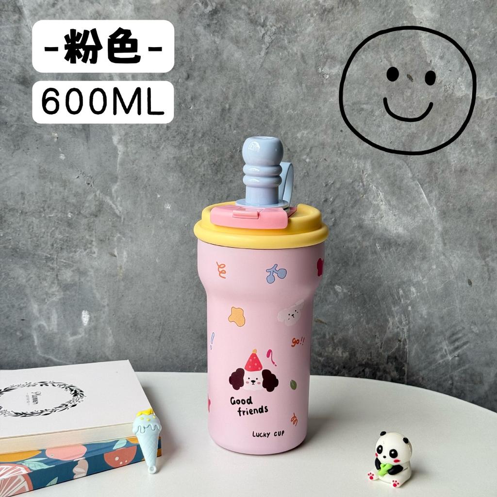 Cartoon Ceramic Liner Thermos Women's Large-capacity Ice Portable Car Coffee Straw Water Cup