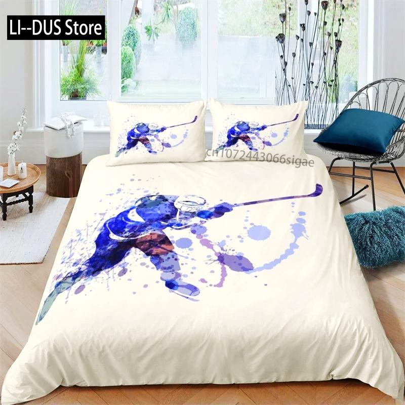 Kids Ice Hockey Duvet Cover Full Hockey Player Pattern Bedding Set Winter Sports Theme Quilt Cover for Youth Teen Boy Room Decor