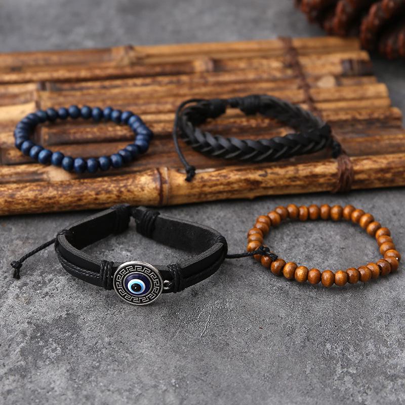 Vintage Pánská 4dílná sada náramků z hovězí kůže a konopného provazu