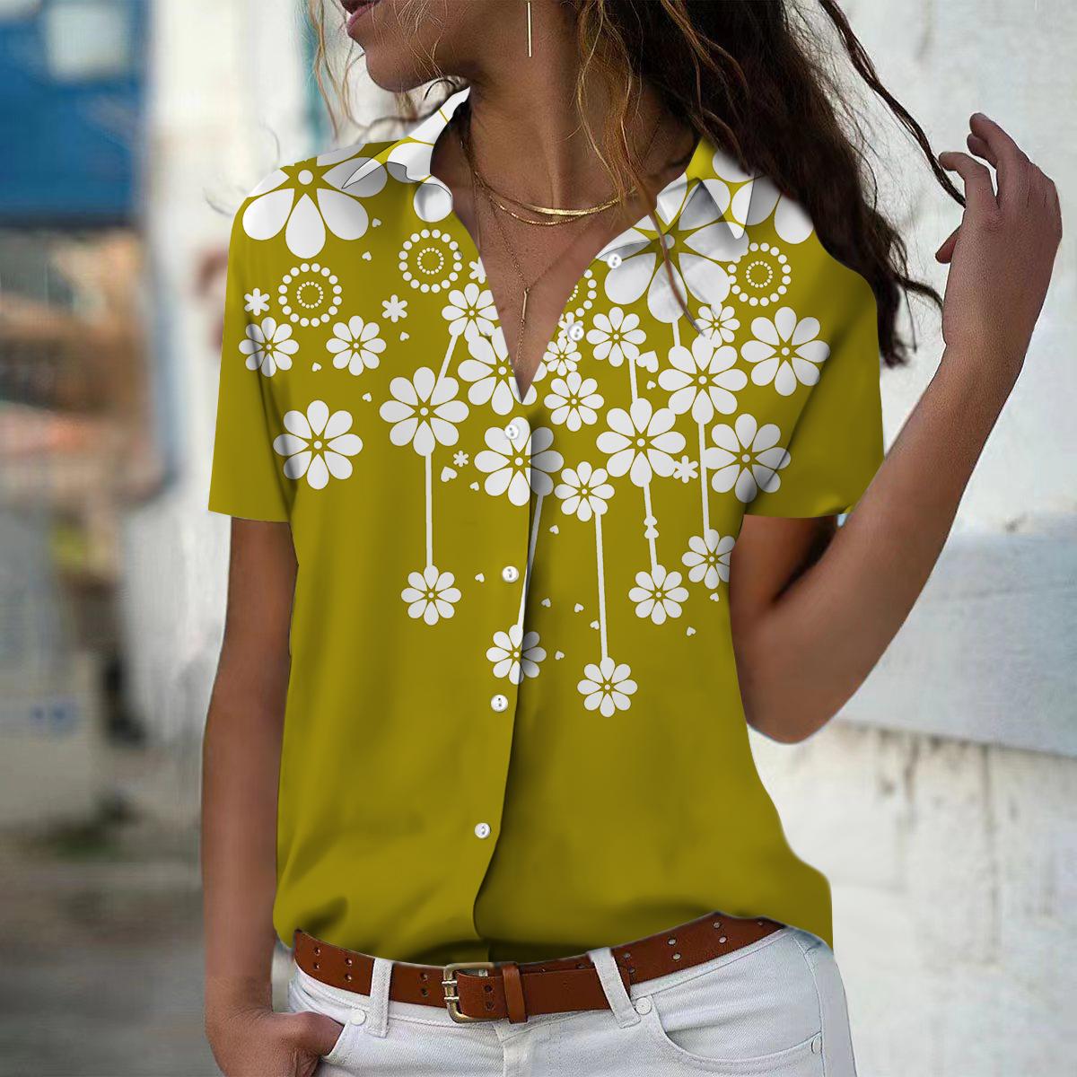 

2025 Summer New Fashion Women s Flower Printed Short Sleeve V-neck Casual Button-down Shirt Top 8XL жовтий