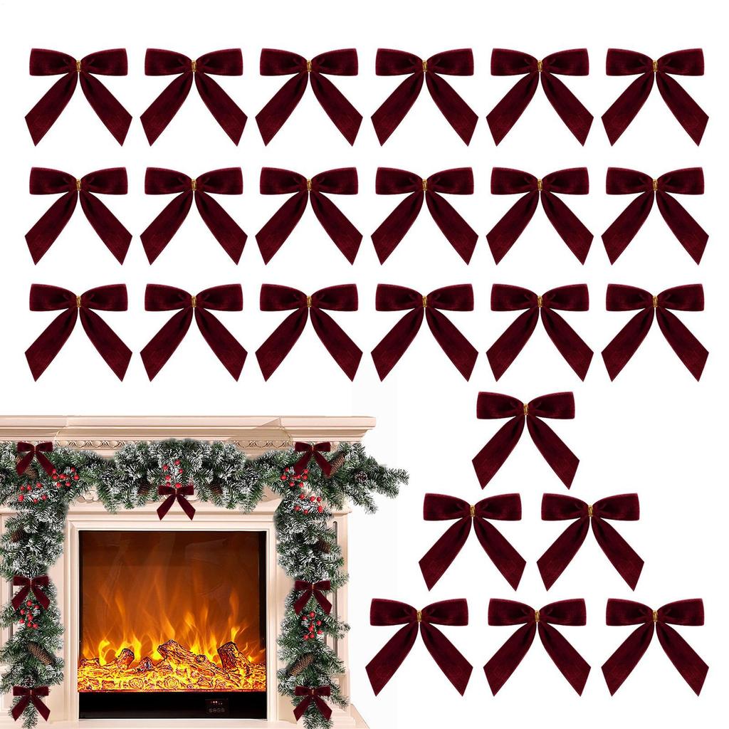 24 Pieces Christmas Tree Velvet Bows Wine Red Christmas Bow Vintage Ornaments Suitable For Flower Garlands Gift Packaging Crafts
